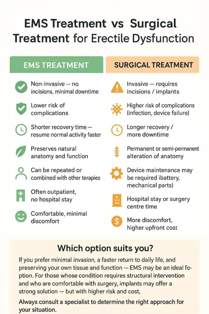 A table showing the benefits of EMS chair for erectile dysfunction treatment Kingston upon Hull compared to surgery.