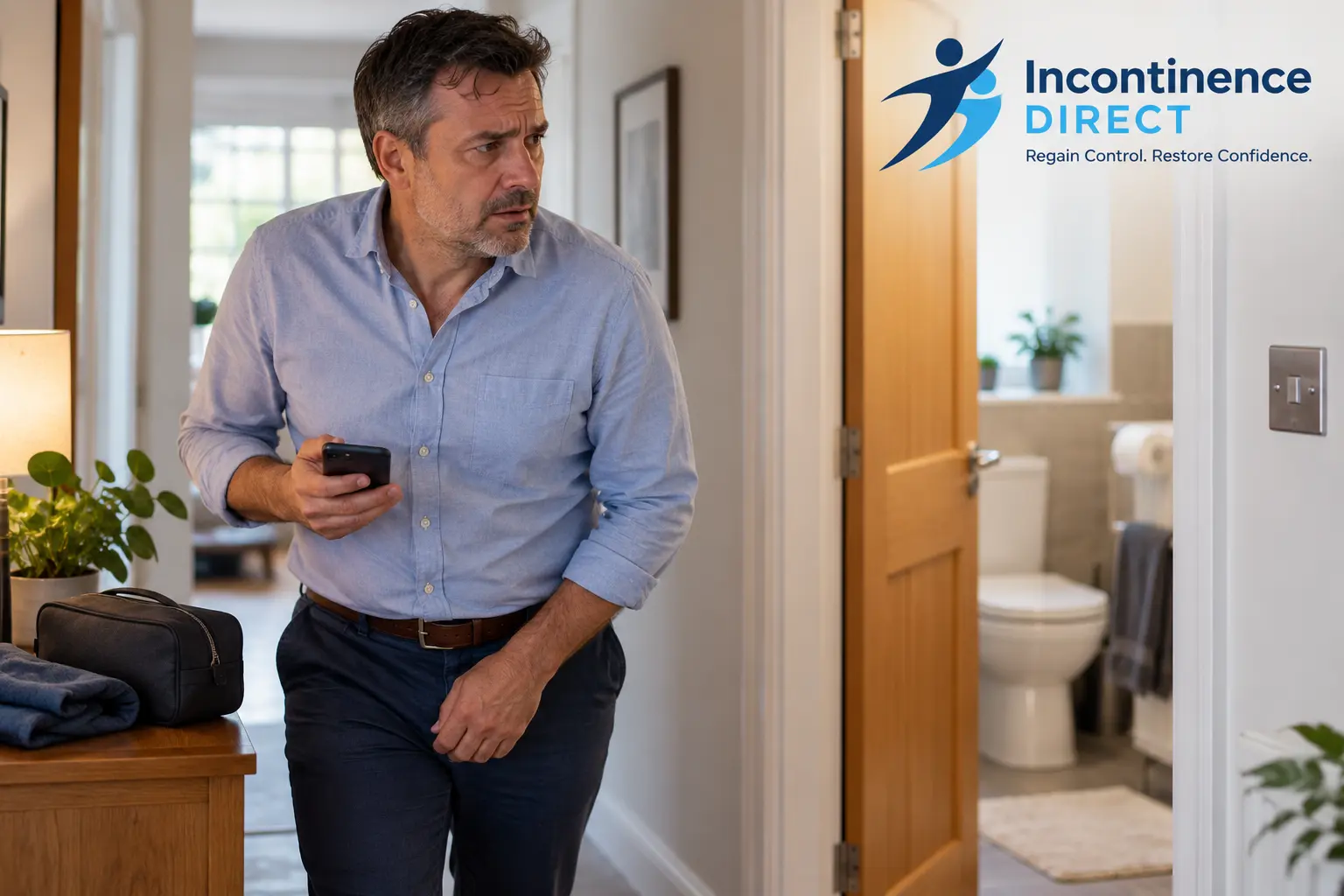 Worried Man Near Open Bathroom affected from faecal incontinence safety tips from incontinence direct Kingston upon Hull