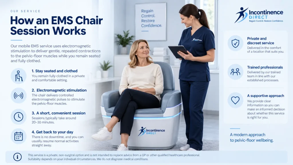 how ems chair session works at incontinence direct Kingston upon Hull a detailed infographics for the incontinence process